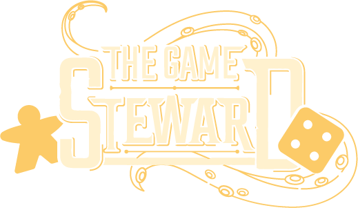 The Game Steward Logo with meeples dice and tentacles for thegamesteward Kickstarter Board Games