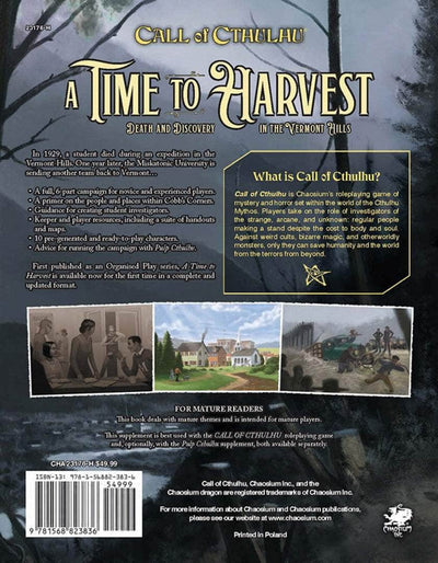 Call of Cthulhu: A Time to Harvest Deluxe Leatherette (Retail Edition) Retail Role Playing Game Campaign Chaosium KS001612A