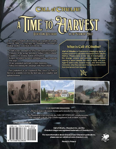 Call of Cthulhu: A Time to Harvest HardBack (Retail Edition) Retail Reking Game Game Campaign Chaosium KS001613A