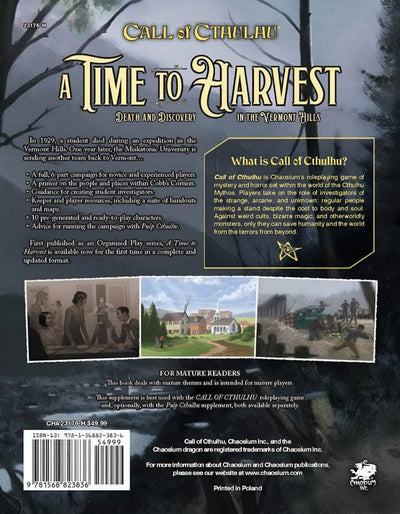 Call of Cthulhu: A Time to Harvest Hardback (Retail Edition) Retail Rollespil Kampagne Chaosium KS001613A