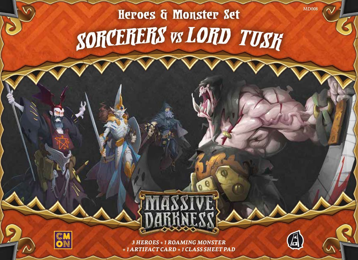 ความมืดครั้งใหญ่: นักเวทย์มนตร์กับลอร์ดทัสค์ขยายเกมกระดานเกมเกมการขยายเกมกระดาน CMON ถูก จำกัด, Guillotine Gamesชุดสัตว์ประหลาด Darkness Heroes - Sorcerers vs Lord Tusk, The Games Steward Kickstarter Edition Shop, Cooperative Play, Dice Rolling, Modular Board CMON ถูก จำกัด