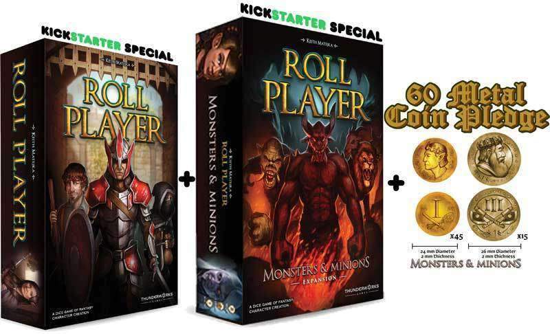 Roll Player, Monsters & Minions Expansion, mais cartão promocional e pacote de moedas de metal (Kickstarter Special) jogo de tabuleiro Kickstarter Thunderworks Games